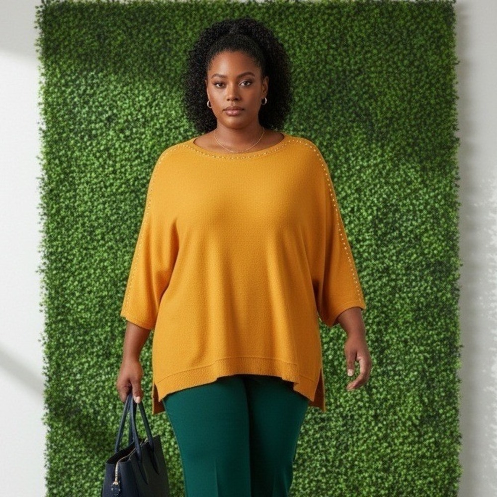 BYdesign Mustard Yellow Studded Boat Neck Tunic Sweater Plus Size 3X